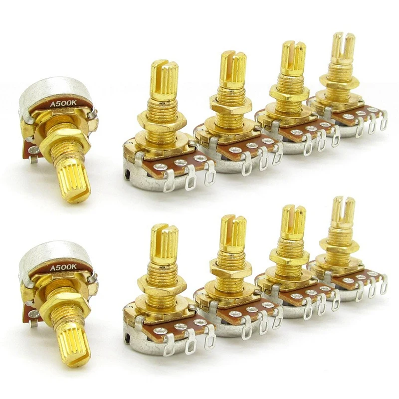 

Quality Guitar Potentiometer Audio Volume&Tone Pots Switch Control A500K Split Shaft Taper Potentiometers Gold Pack Of 10