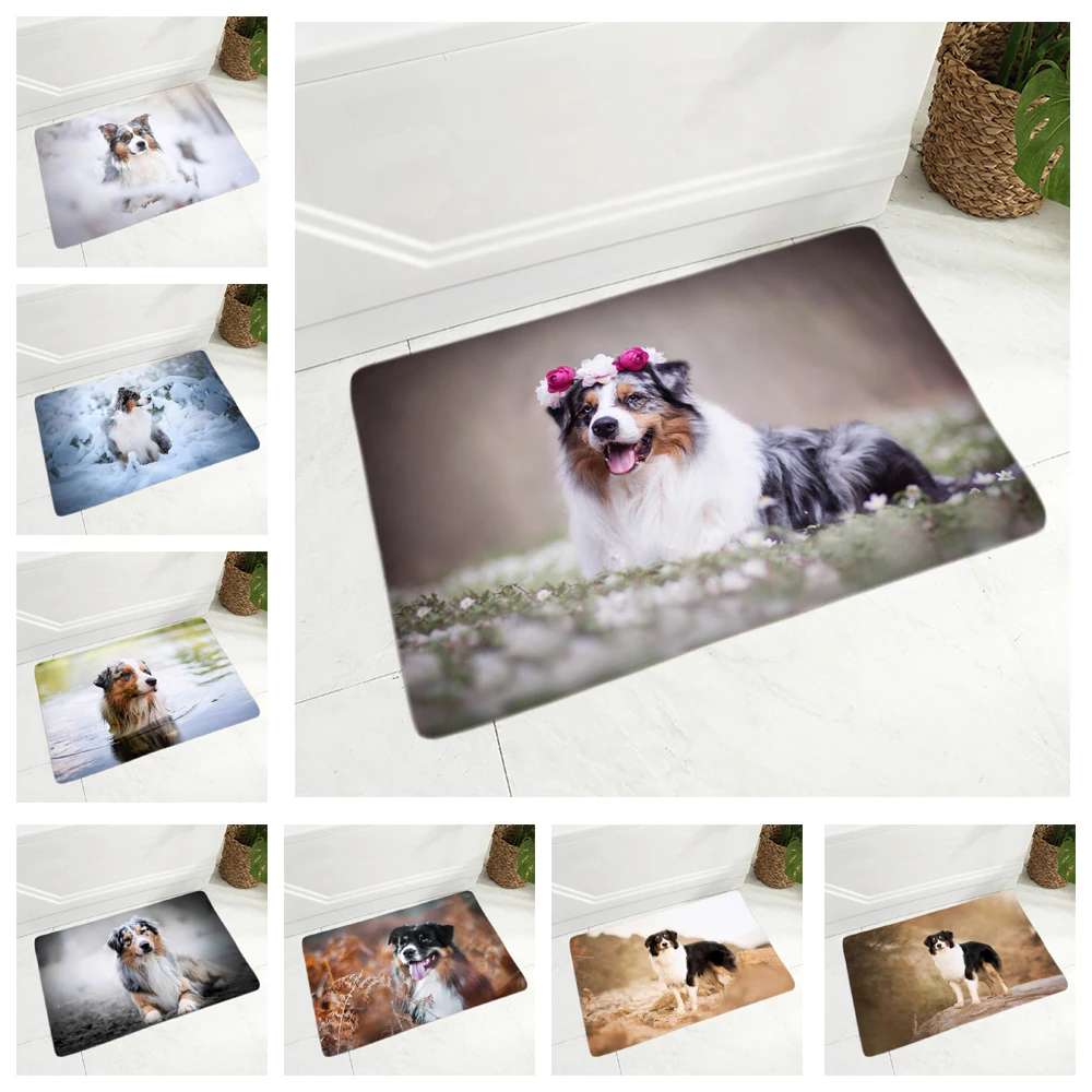 

Flannel Carpet Floor Mat for Hallway Bedroom Australian Shepherd Dog Door Rug Non-Slip Decor Pet Animal Doormat 40x60cm