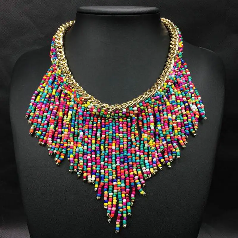 Богемное многослойное яркое массивное ожерелье из бисера модное пляжное ручной