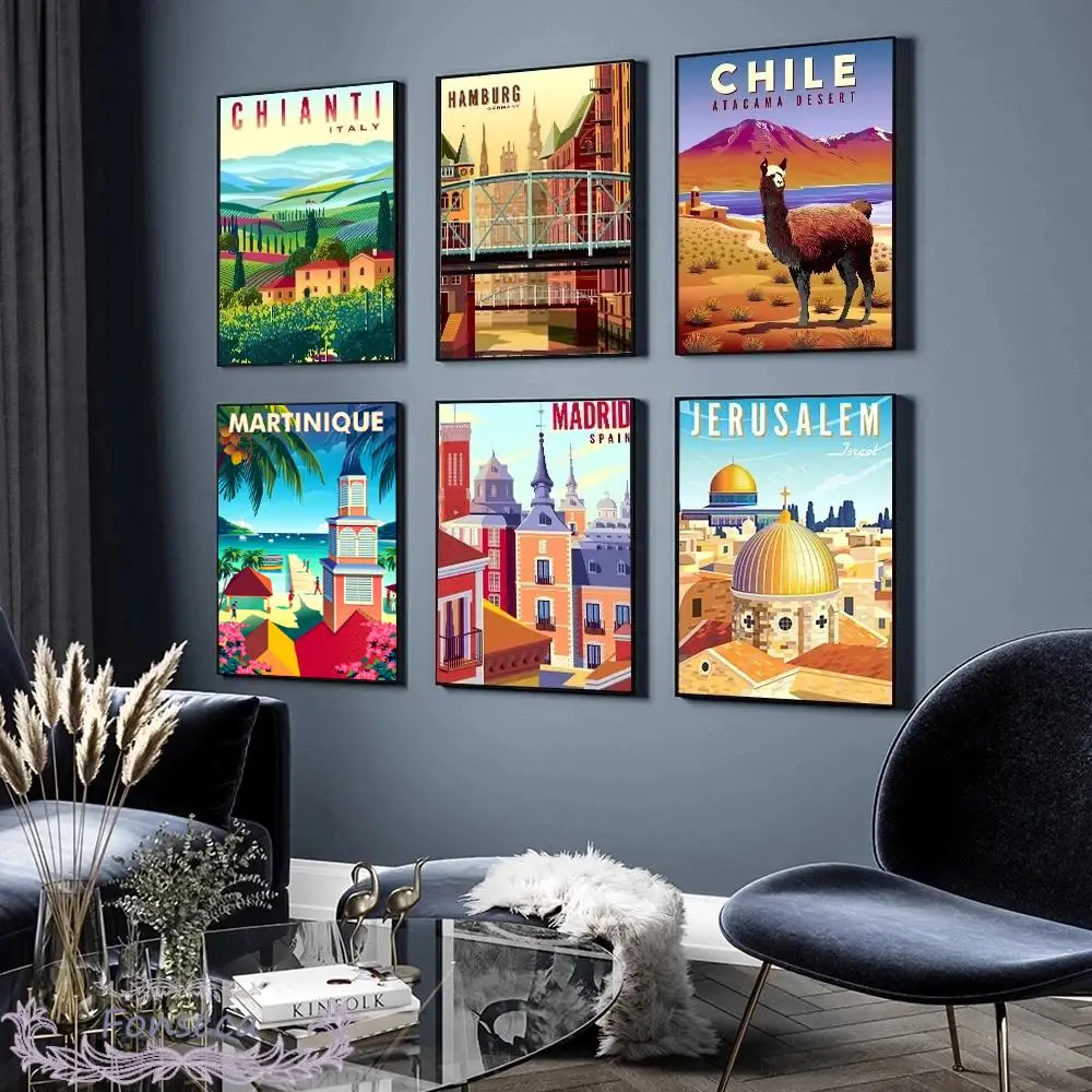 

Nordic Vintage Travel Cities Poster Italy Spain Peru Caribbean Chile Cityscape Canvas Painting Wall Art Picture Home Decor