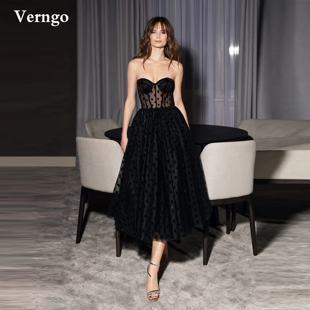 

Verngo Black Polka Dotted Tulle Evening Dress Short 2021 Prom Gowns Sweetheart Midi Tea Length Formal Party Dresses Plus Size
