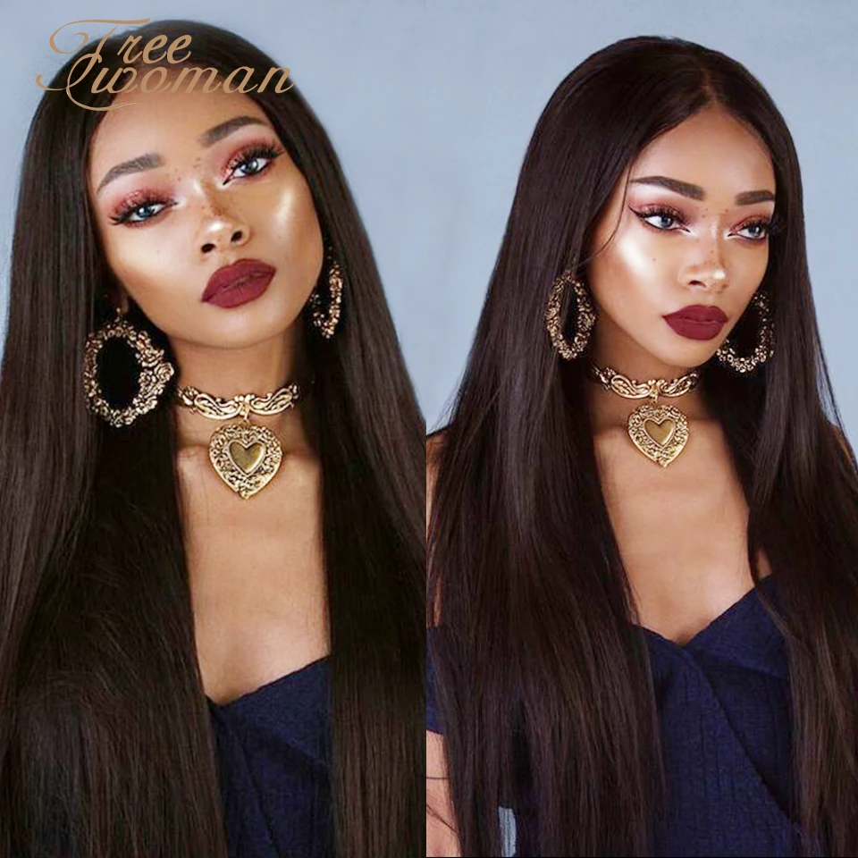 FREEWOMAN натуральные черные прямые синтетические кружевные передние парики