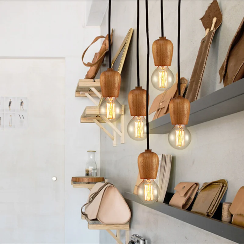 Скандинавские Ретро подвесные светильники из дубового дерева E27 черный провод