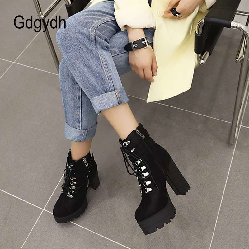 Gdgydh Belt Buckle Ankle Boots High Platform Heels Shoes Cross Tied Office Lady Autumn Boots Street Style Fashion Zip Plus Size