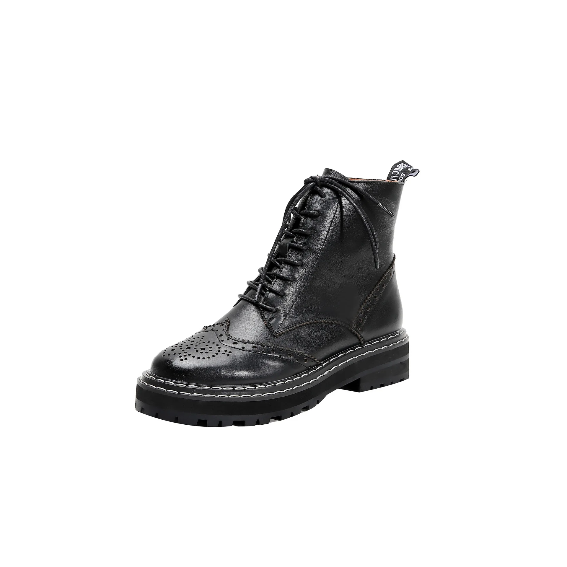 

2019 Thick Bottom Cloth Carving Genuine Leather Bandage School Boots Locomotive Short Boots Flat Bottom