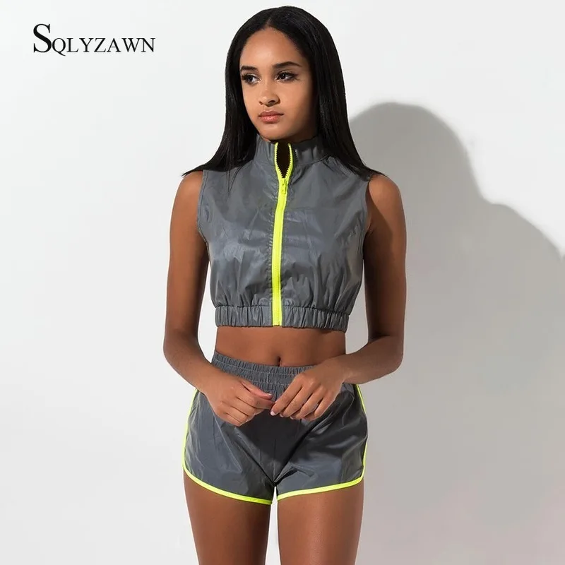 Сексуальный серебряный серый отражающий комплект из двух предметов женская