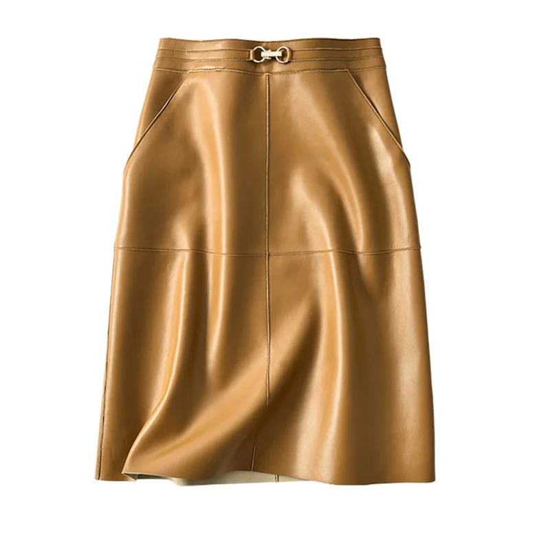 

Genuine Leather Skirt Women High Waist Real Natural Skeepskin Fashion Elegant Office Lady Work Wear Midi A-line Skirt Plus Size