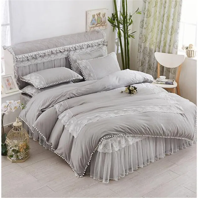 Хлопковый набор с кружевами для принцессы серый пододеяльник двойным
