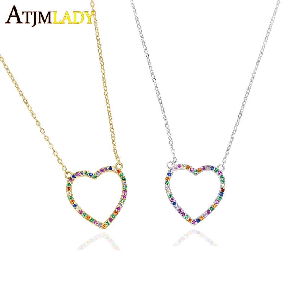 Женское колье с сердечками Золотистое Ожерелье радужными Фианитами ювелирное