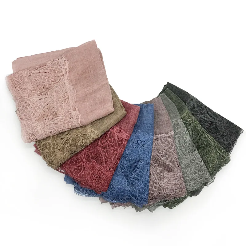 

Two-Sides Lace foulard Hijab Shawl Wrap Solid color Viscose Muslim Head Scarf Plain Long Turban Headscarf Female Malaysia Hijabs
