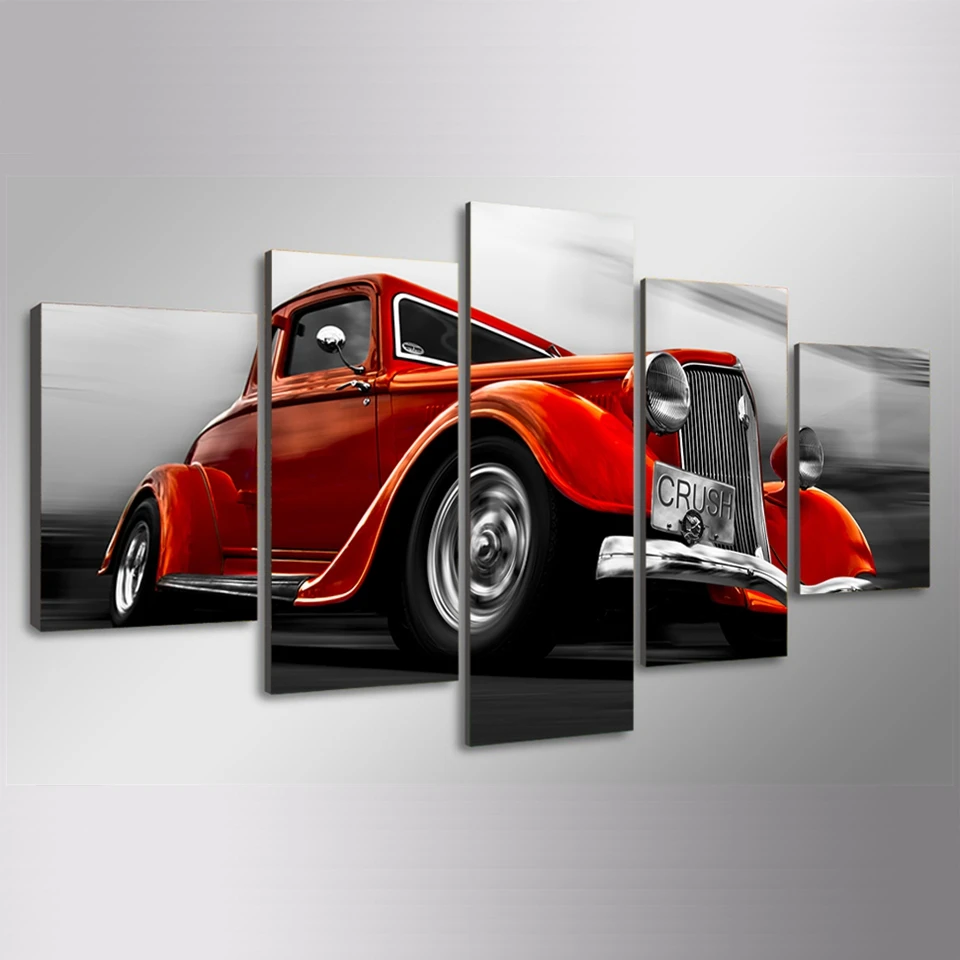 

Modern Art Canvas Printed Painting Framework Home Decor For Living Room 5 Pieces Orange Red Retro Car Modular Posters