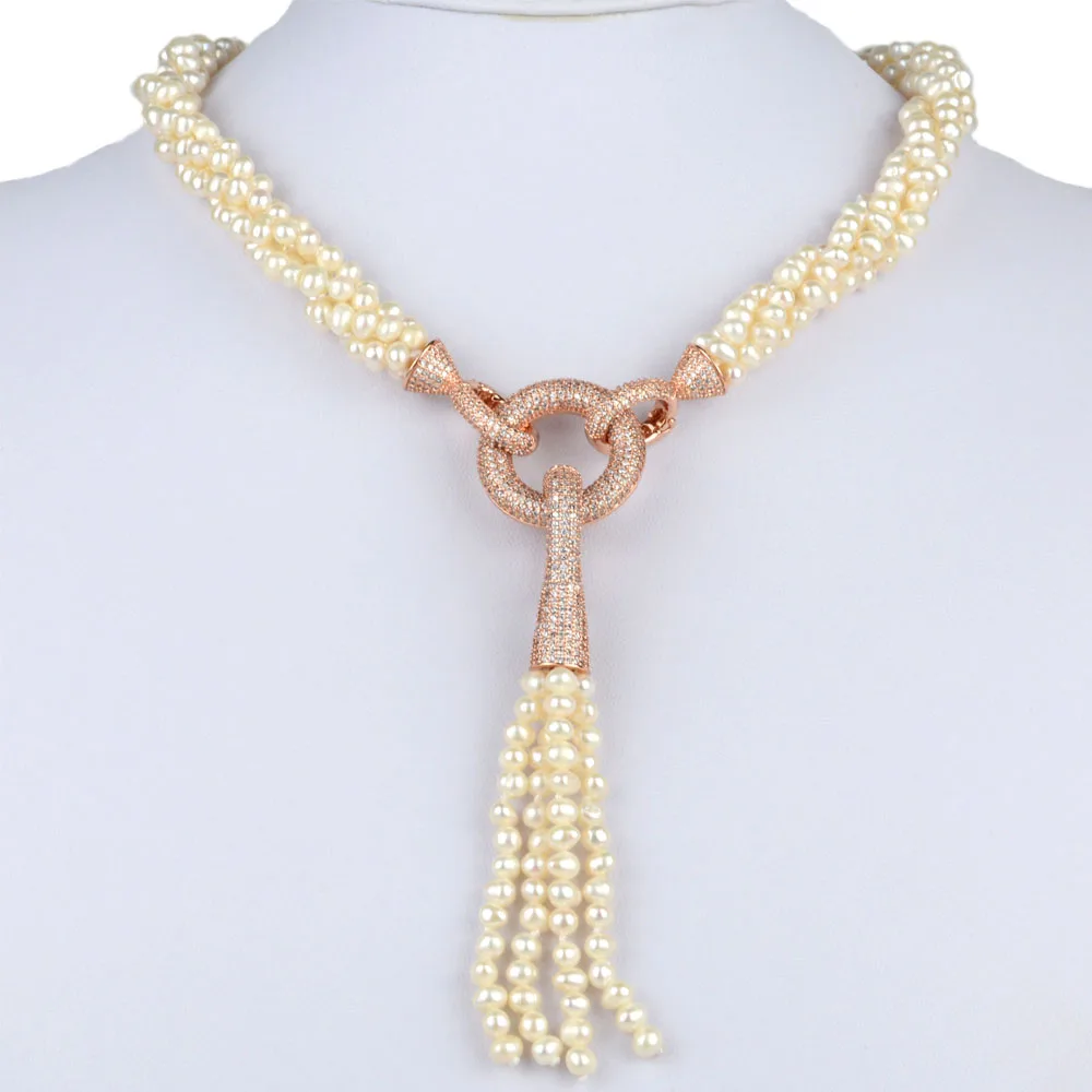 

White Freshwater Pearl Necklace Zircon Beads Long Tassel Pendant Necklaces Women Choker Statement Collar Fashion Fine Jewelry