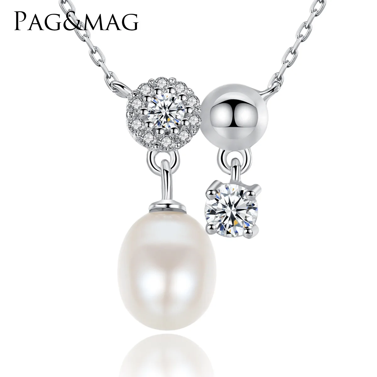 

PAG&MAG S925 Sterling Silver Pendant Necklace Lock Bone Chain Boutique Jewelry Natural Freshwater Pearl Lady Necklace
