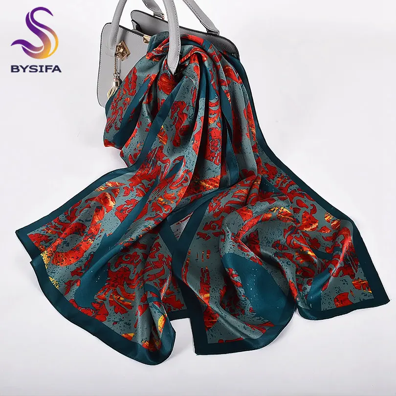 blue red CZP1914 BYSIFA роскошный шарф из чистого шелка, шаль для женщин, темно-зеленый цветочный длинный шарф, модный бренд, шелк, шейный шарф, 175*52 см - Цвет: blue red CZP1914