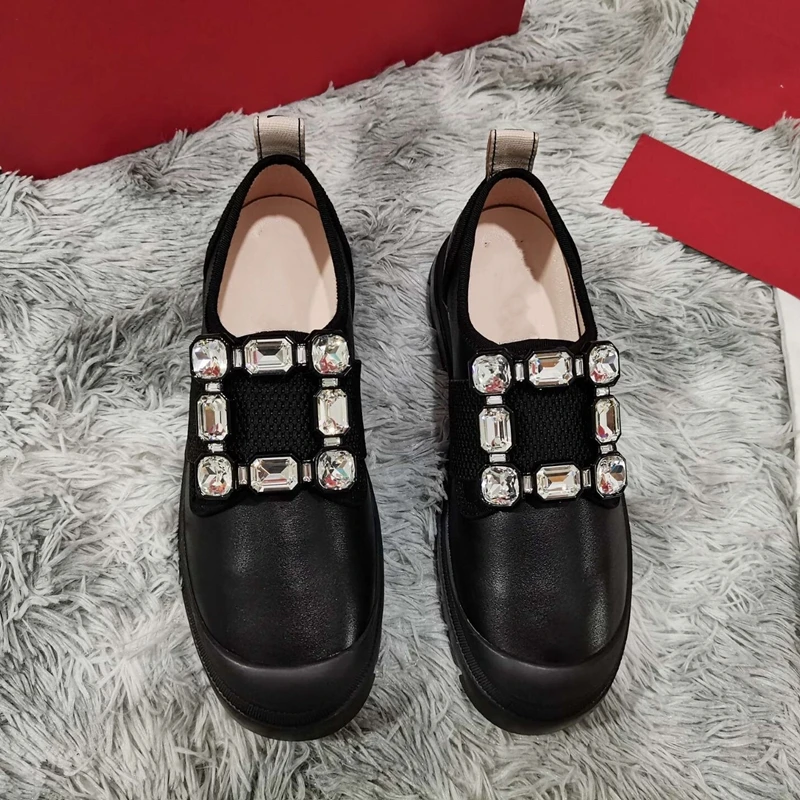 

Spring and Summer Round Toe Square Buckle Rhinestone Flat Loafers Women's New British Style Comfortable Single Shoes