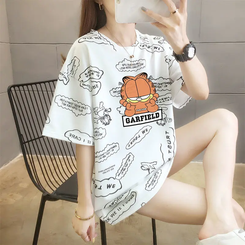 

Korean version 2021 spring and summer short sleeve T-shirt women's versatile cartoon half sleeve loose medium length top