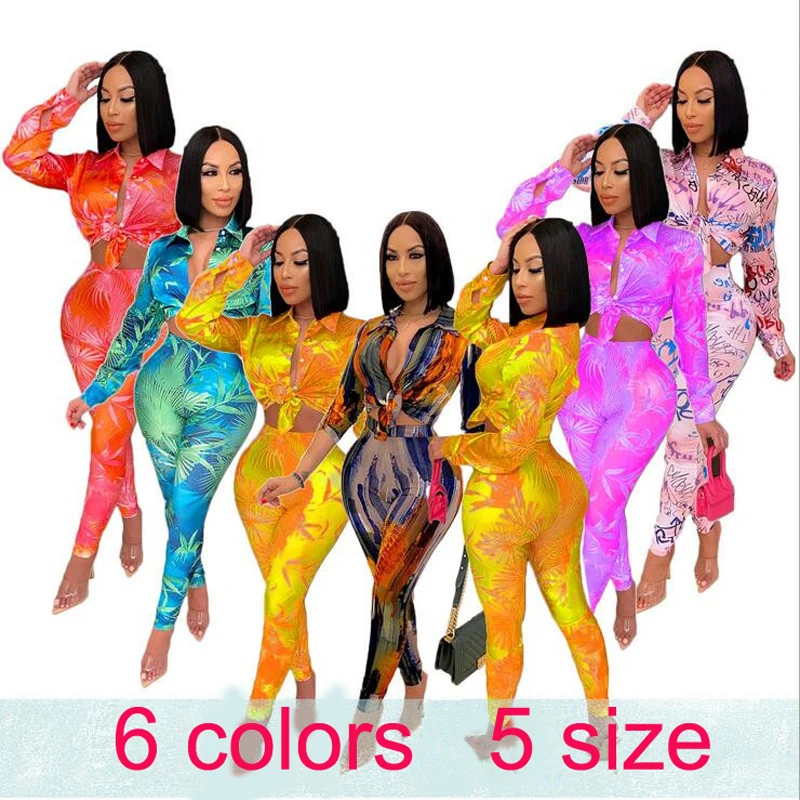 

Autumn Sexy Letter Leaf Print Women's Blouses Shirt Legging Pants Suit Active Wear Tracksuit Two Piece Set Fitness Outfit
