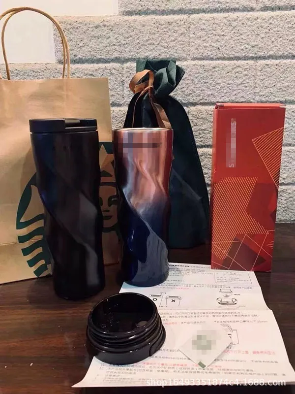 

304 stainless steel thermos cup spiral cup Cherry Blossom fashion gradient color water cup car cup