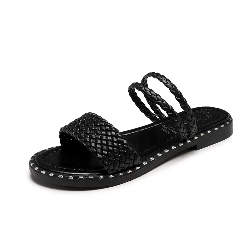 

Shoes Slippers Women Summer Low Slides Pantofle Rubber Flip Flops Flat 2021 Hawaiian PU Fabric Rome Hoof Heels Female Shoes Slip