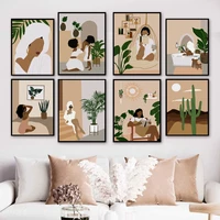 abstract boho girl reading flower leaf cactus nordic posters and prints wall art canvas painting decor pictures for living room