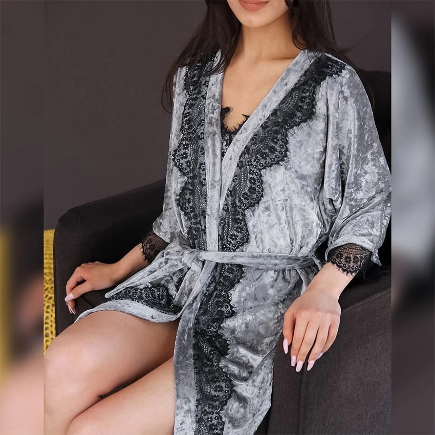 

Hiloc Lace Patchwork Robes For Women Pajama Sets Velour Nightwear Sexy Bathrobe Female Velvet Nightgown Robe Set Woman 2 Pieces