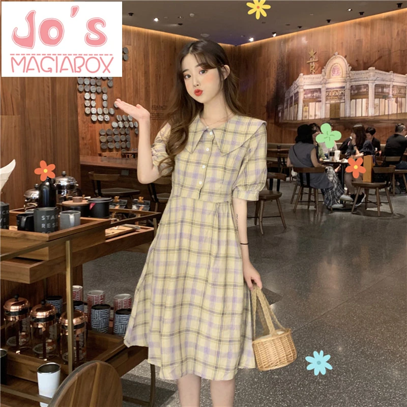 Летнее клетчатое ТРАПЕЦИЕВИДНОЕ женское платье Kawaii с воротником Питер Пэн