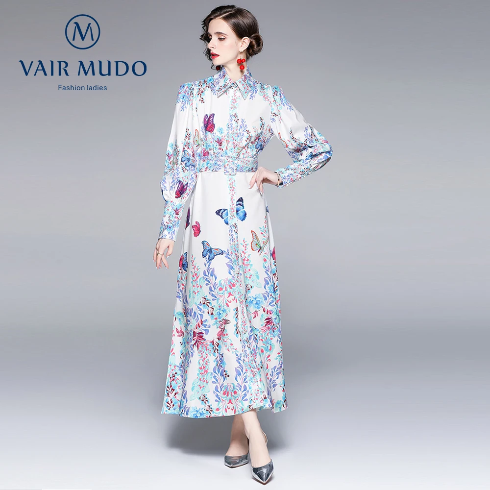 

Женское однобортное платье-трапеция, Элегантное Длинное Платье с отложным воротником, поясом и принтом для ранней осени