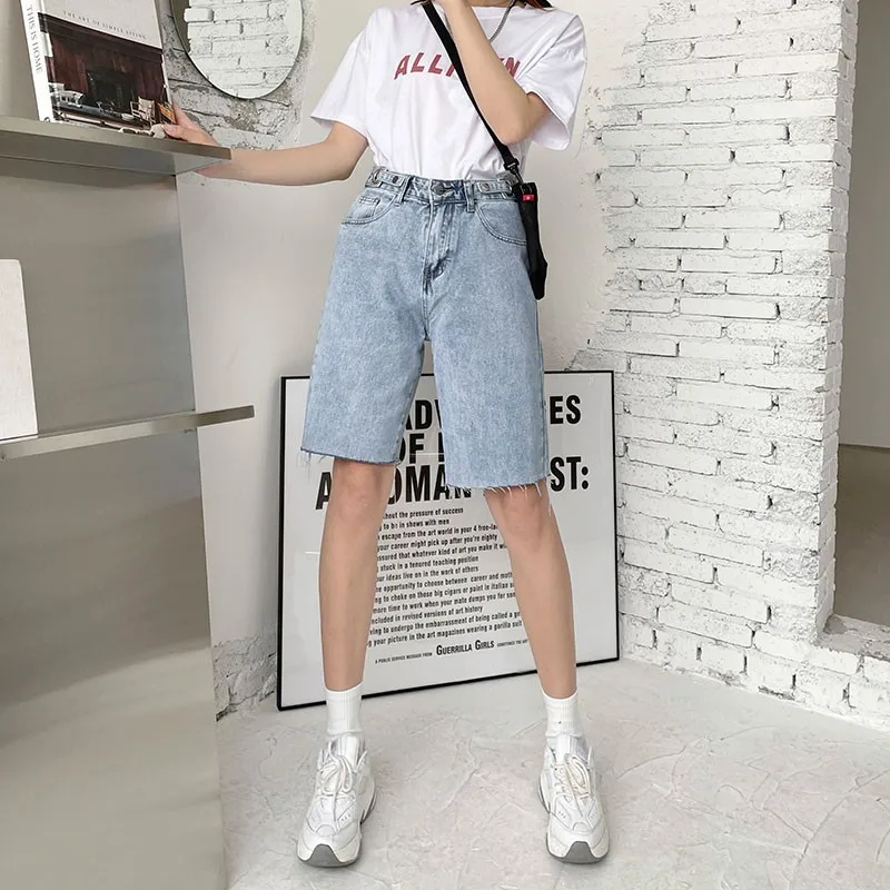 

GUUZYUVIZ High Waist Jeans Woman Knee Length Straight Loose Denim Pants Women Casual Short Jeans Vintage Hold