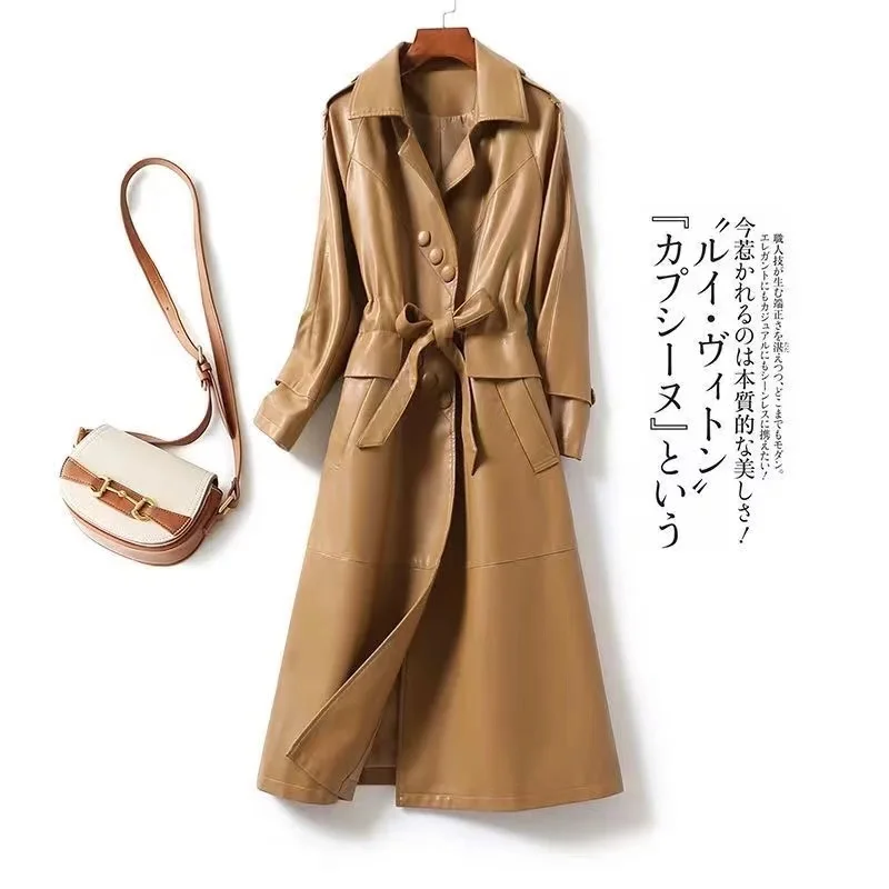 

Nerazzurri Autumn Long Brown Black Soft Faux Leather Trench Coat for Women Belt Long Sleeve Skirted Elegant Luxury Fashion 2021