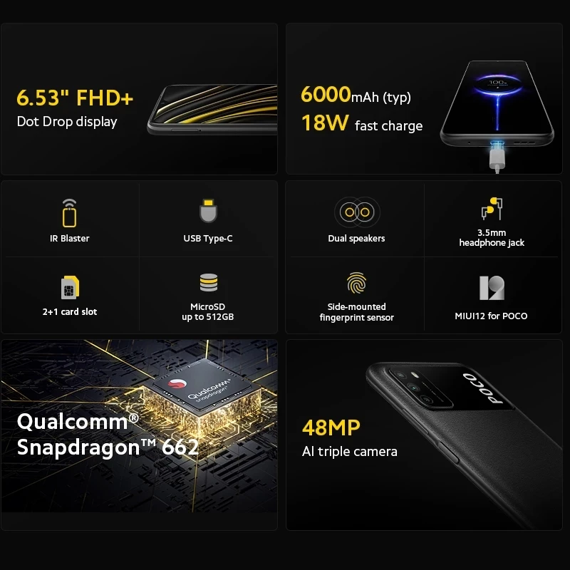 Смартфон глобальная версия POCO M3 мобильный телефон 4 Гб 64 Гб/128 ГБ Аккумулятор 6000