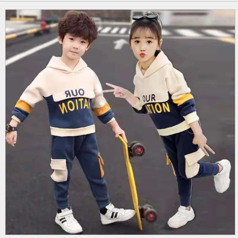 

Kids Velvet Warm Causual Clothes Sets Boy Girls Autumn Winter Blue Orange Children's Hooded Tops and Pants Tracksuit 2pc Sets