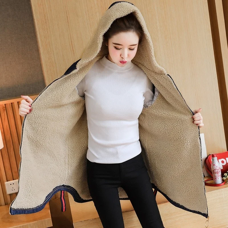 

Winter Womem Thick Warm Fleece Lining Mid Long Jacket Hoody Denim Coat Casual Loose Fit Streetwear Jeans Overcoat Parkas Jackets