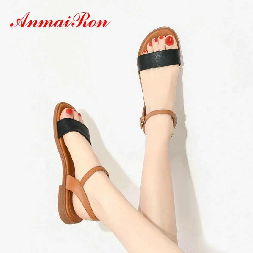 

ANMAIRON Casual Women Shoes Fashion Mixed Colors Sewing 2020 Genuine Leather Buckle Strap Front & Rear Strap Women Sandals 34-43