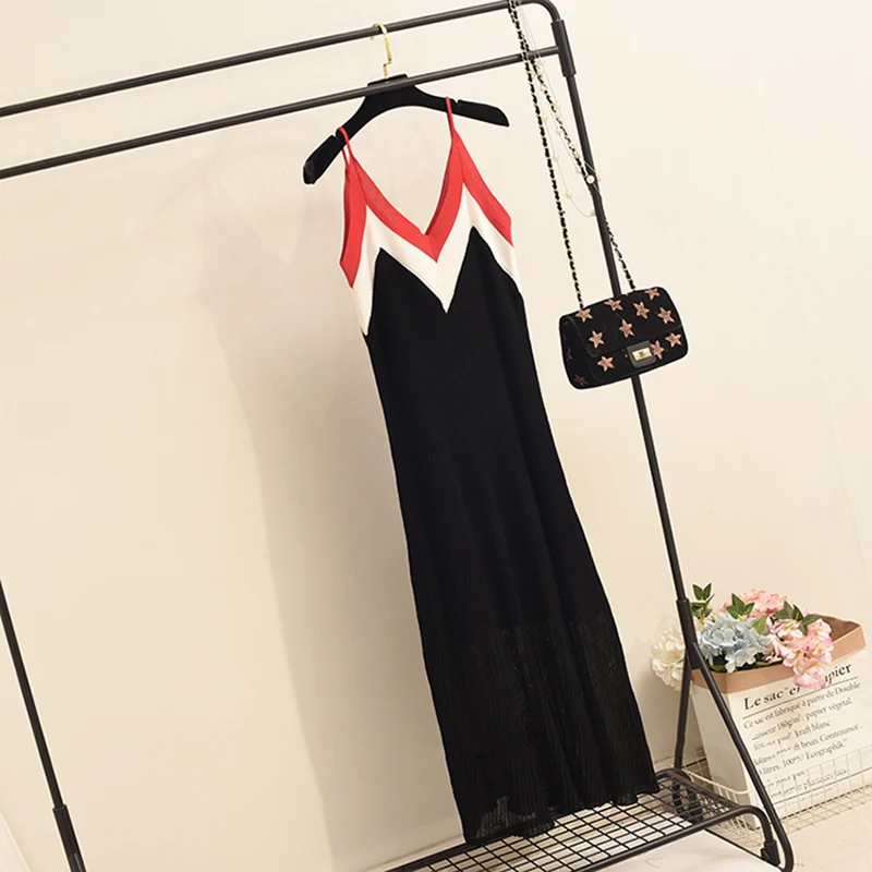 

HWLZLTZHT summer 2021 Women Knit Tank long Dress Korean Style Knitting V Neck Sleeveless Vest Thin Loose Women Casual Dresses