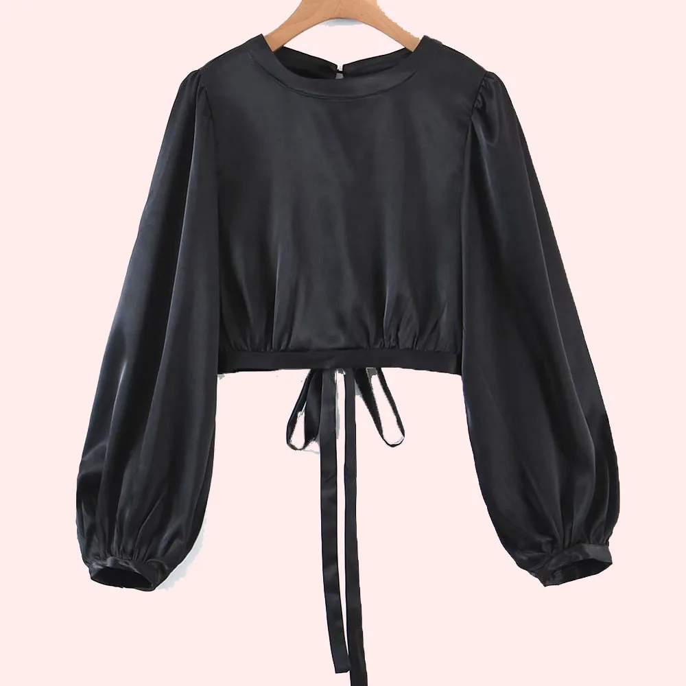 

Japan Style Blouse Spring Summer Korean Fashion Temperament Loose Casual Bandage Hollow Back Round Neck Lantern Sleeve