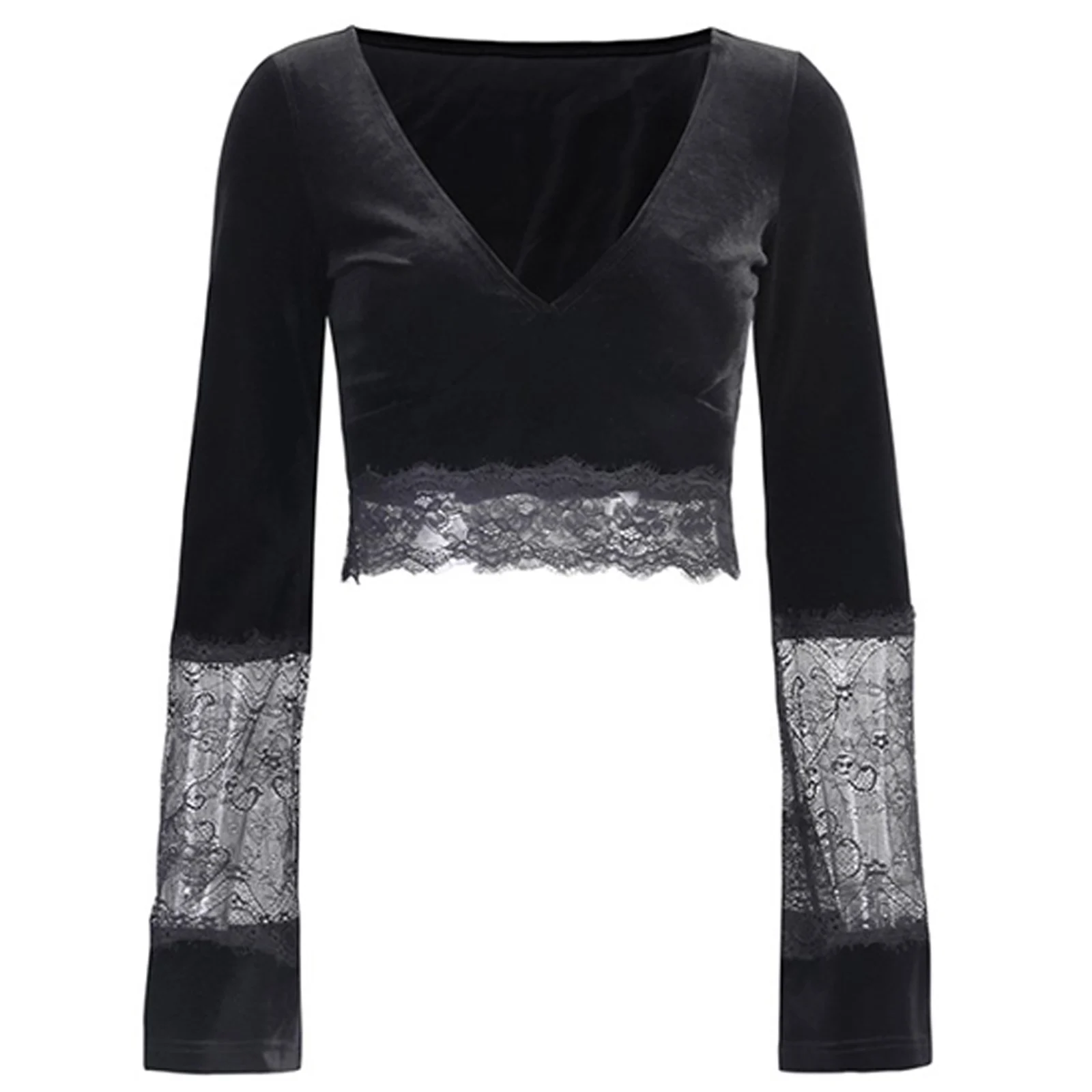 

Vintage T-Shirt Women Tops Retro Sexy Solid Deep V Neck Long Flared Sleeves See-through Lace Stitching Slim Fit Crop Clothes Ne