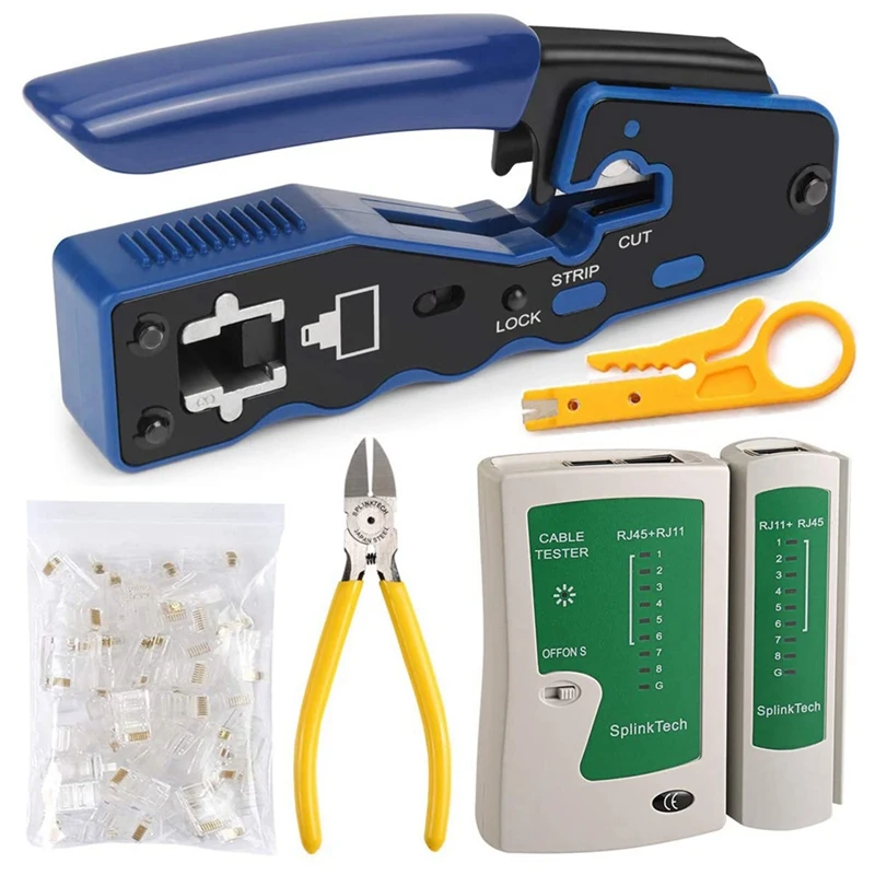 

LAN Cable Tester + EZ RJ45 Crimp Tool Pass Through CAT6 Cat5e Cat5 Crimping Tool For RJ45/RJ12 Regular