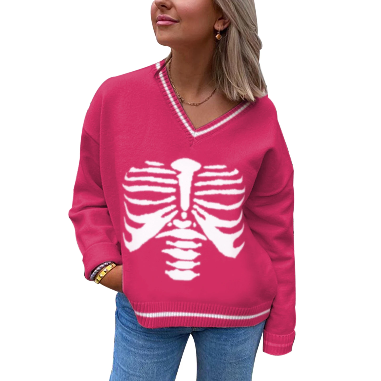 

Y2K Women's V Halloween Skull Neck Sweaters Classic Long Sleeve Skeleton Print Loose Fit Knitted Tops