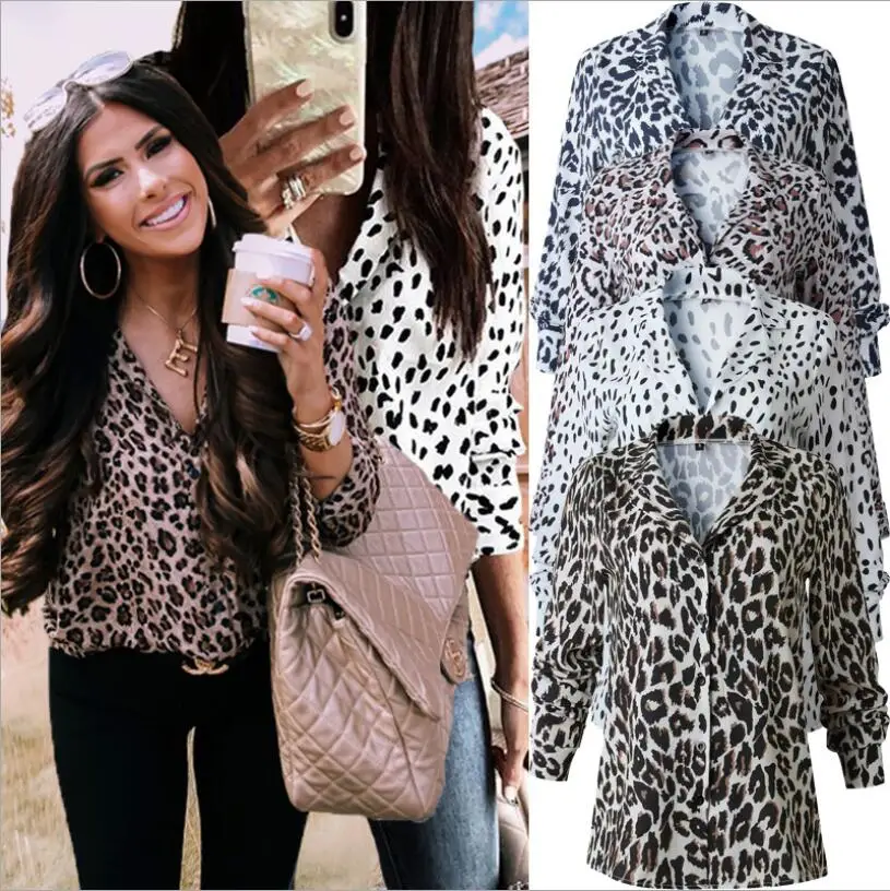 Женская блузка с длинным рукавом на пуговицах леопардовым принтом весна осень