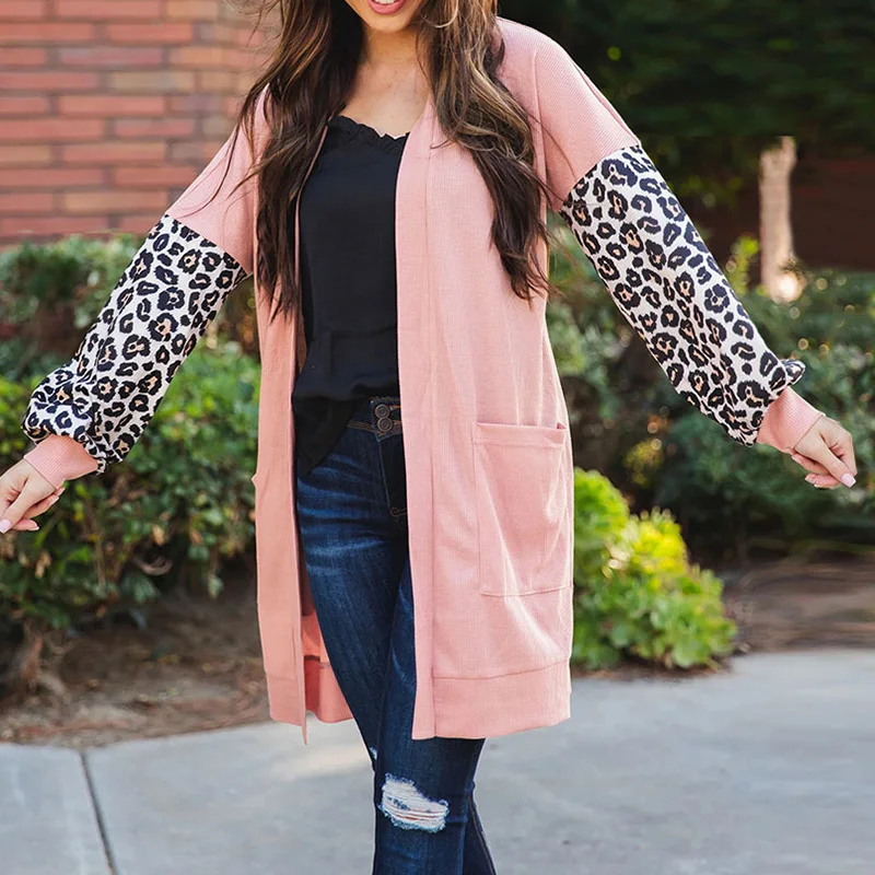 

Diiwii Women Autumn Winter Leopard Patchwork Casual Loose Pockets Long Sleeve Knitted Cardigan Femme Korean Fashion Knitwear