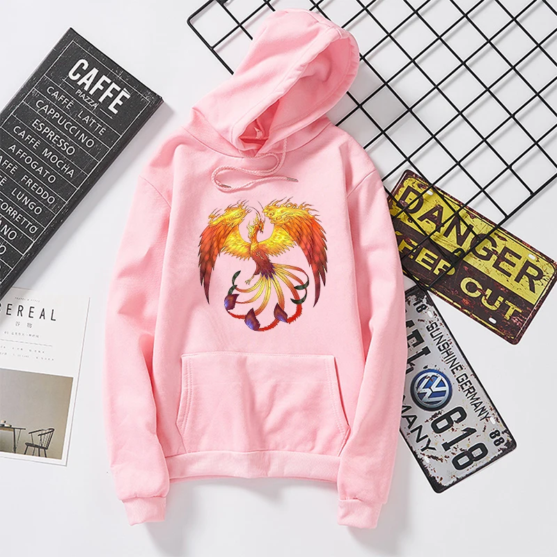 

Women's Harajuku Sweatshirts Flaming Phenix Print Black Pullover O-neck Casual Hoodie Sweatshirt Women Autumn Female Hoodies