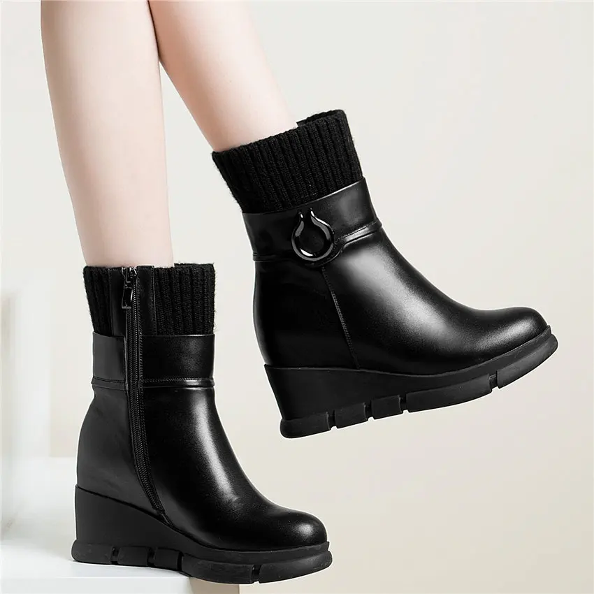Winter Tennis Shoes Women Cow Leather Wedges High Heel Round Toe Platform Pumps Knitting Hight Top Fashion Sneakers Casual | Обувь