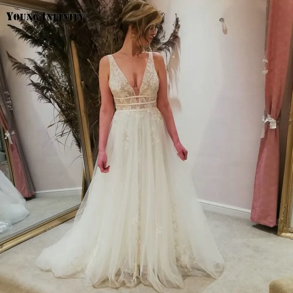 

Распродажа, свадебное платье с V-образным вырезом, 2021 тюль, без рукавов, с открытой спиной, Кружевная аппликация, со шлейфом, бальное платье д...