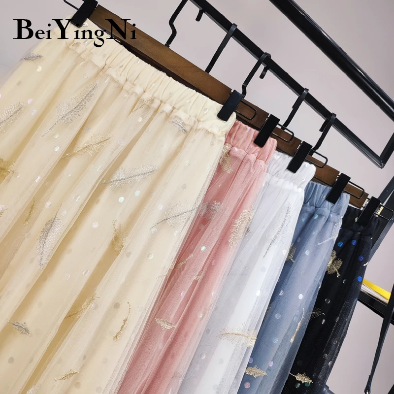 Beiyingni Tutu Skirt Women Long Korean Casual Tulle Midi Pleated Skirts Womens Pink Black White Polka Dot Embroidery | Женская одежда