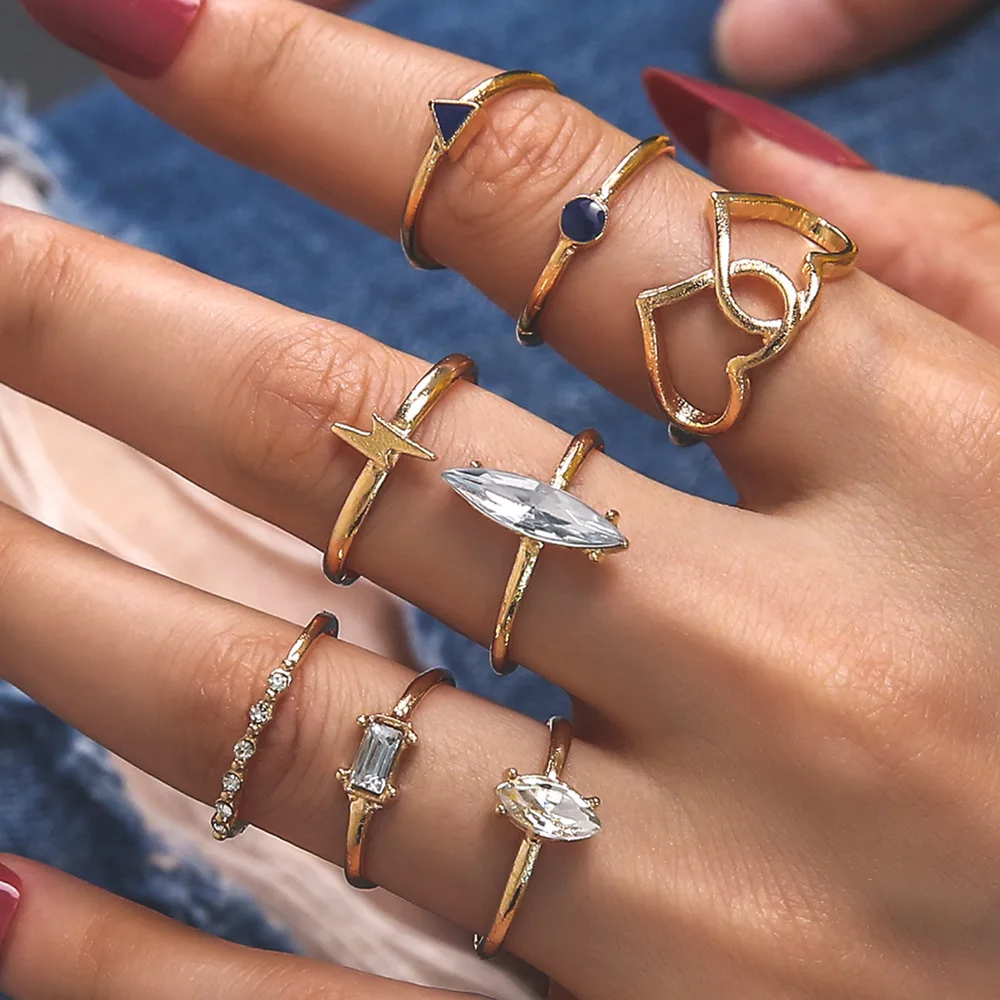 

8pcs/1set Boho Love Heart Rings For Women Girls Bohemian Trendy Geometric Zircons Lightning Ring Set Fashion Jewelry Gifts