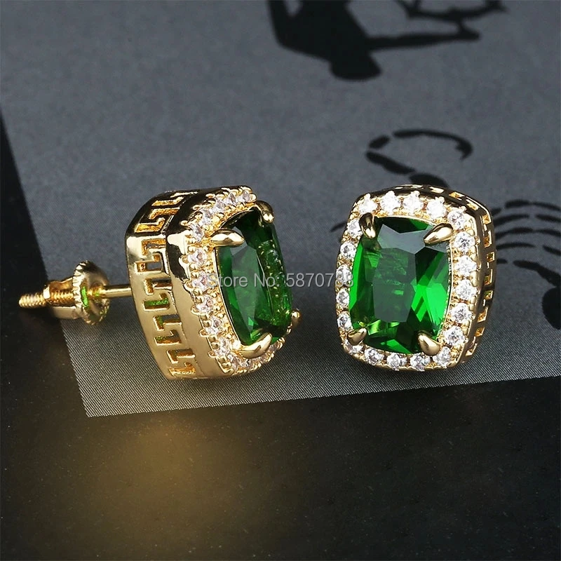 

12mm Big Diamond Stud Earrings Green Red Purple White Color Gold Plated Screw Earrings For Women Gift
