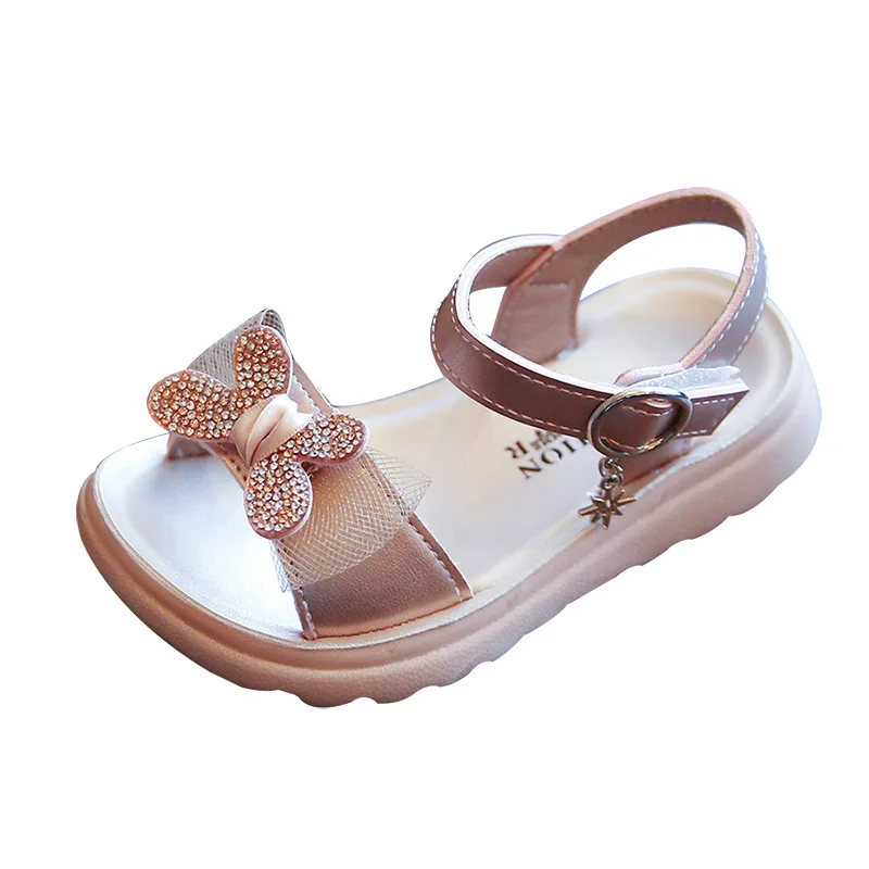

Baby Girl Sandals Lace Kid Shoes 2021 New Summer Beach Shoes Princess Rhinestone Flat Children Footwear with Butterfly E03031