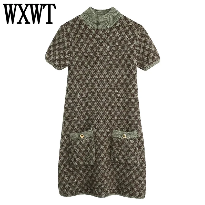 

WXWT Women Plaid Pattern Knitting Mini Dress Short Sleeve Pockets Decorate Female French Vintage Dress BB4537