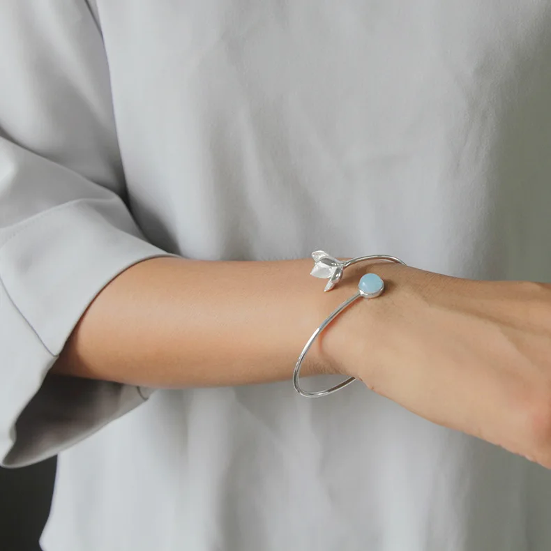 

Christmas Bracelet Magnolia Bracelet Set with Aquamarine Simple Bangle Fashion S925 Sterling Silver Ladies Open Bracelet