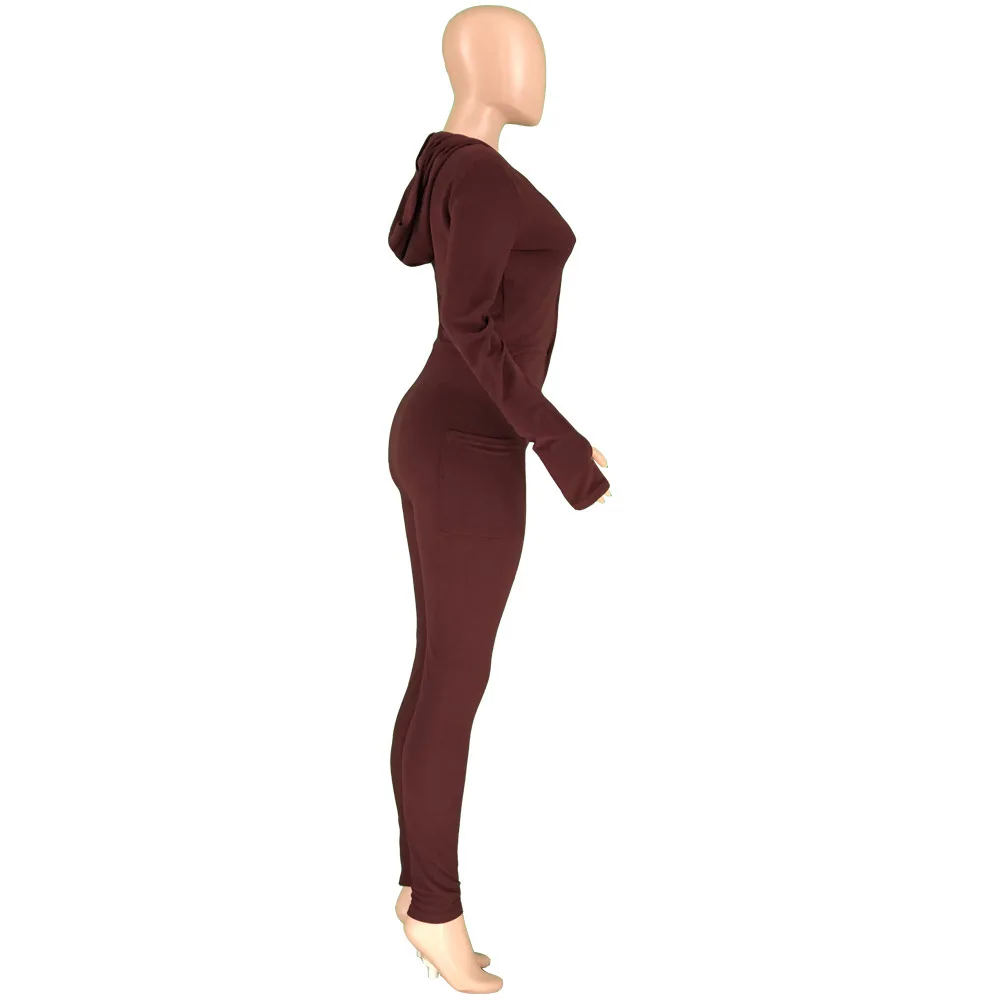 

Brown Sportwear Slim Rompers Womens Jumpsuit Casual Long Sleeve Hooded Party Club Bodysuit Streetwear Buttons Up Fitness Overall